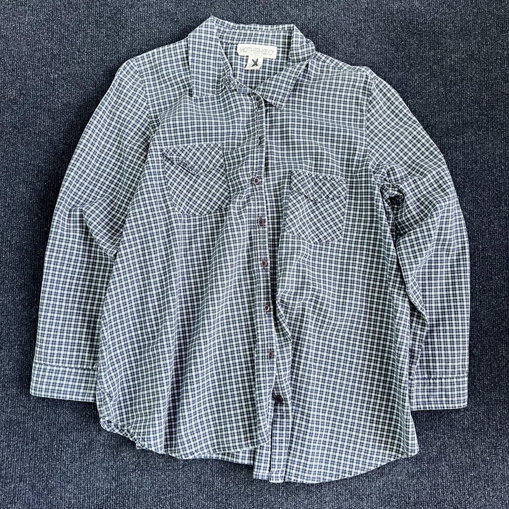 Motherhood Maternity Shirt Womens Large Blue Plaid Button Up Casual Cotton Top